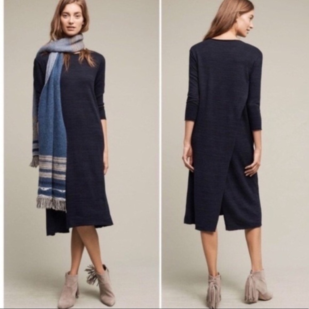 Anthropologie Dress Womens Medium Navy Blue Midi Sweater Knit 3/4 Sleeve Shift